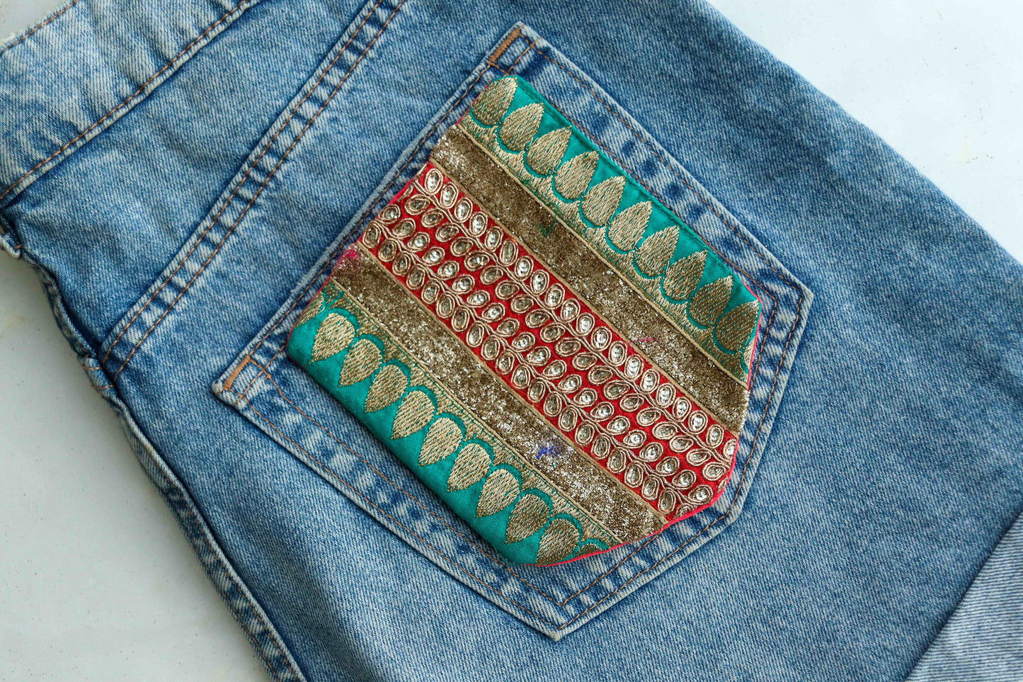 Boho Multicolour Embroidered Pocket Patch,Handmade Indian Kutchi Pocket Applique, Red Yellow Kitschy Patch,DIY Denim Jacket Patch