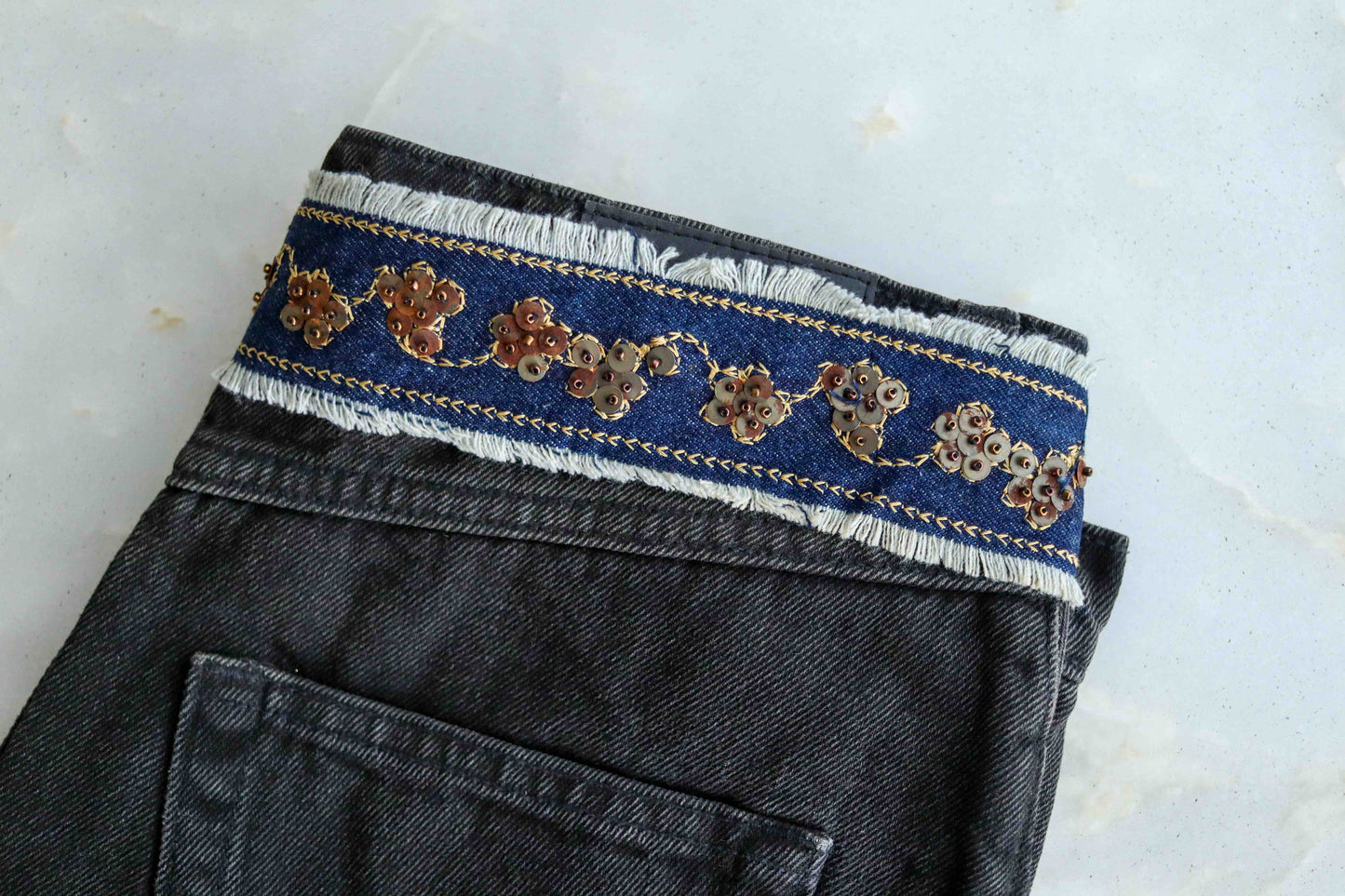Blue Denim Floral Embroidered Trim,Indian Fabric Embroidered Border,Denim Floral Lace,Blue Denim Floral Border,Denim Saree Border,Price/mtr