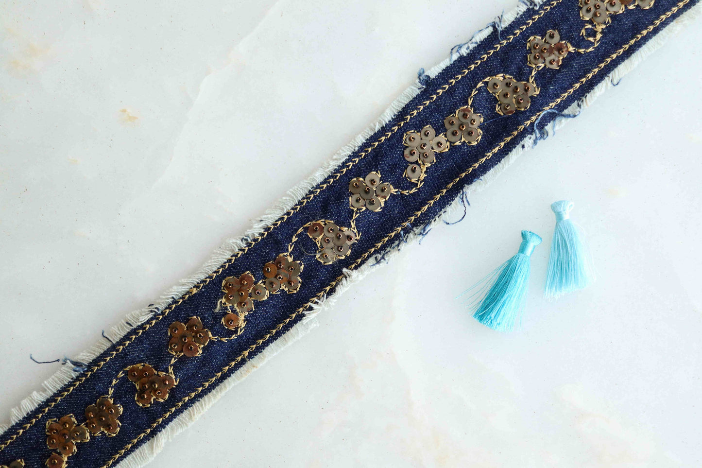 Blue Denim Floral Embroidered Trim,Indian Fabric Embroidered Border,Denim Floral Lace,Blue Denim Floral Border,Denim Saree Border,Price/mtr