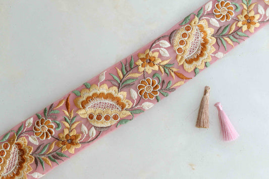 Pink Yellow Floral Embroidered Trim,Pink Net Floral Border,Yellow Pink Net Lace,Indian Fabric Trim, Floral Saree Border, インド刺繍リボン, Price/mt