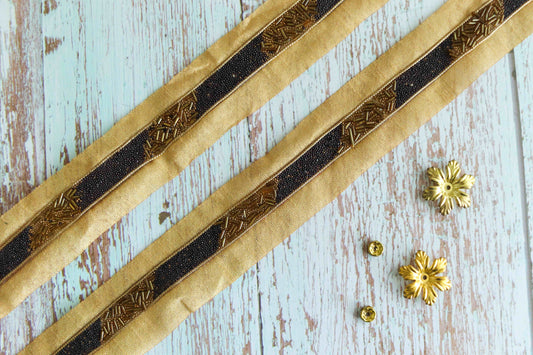 Black Gold Beaded Handmade Trim, Cutdana Bugle Beads Narrow Border,Black Gold Fringe Lace,Indian Fabric Trim,Price/mtr