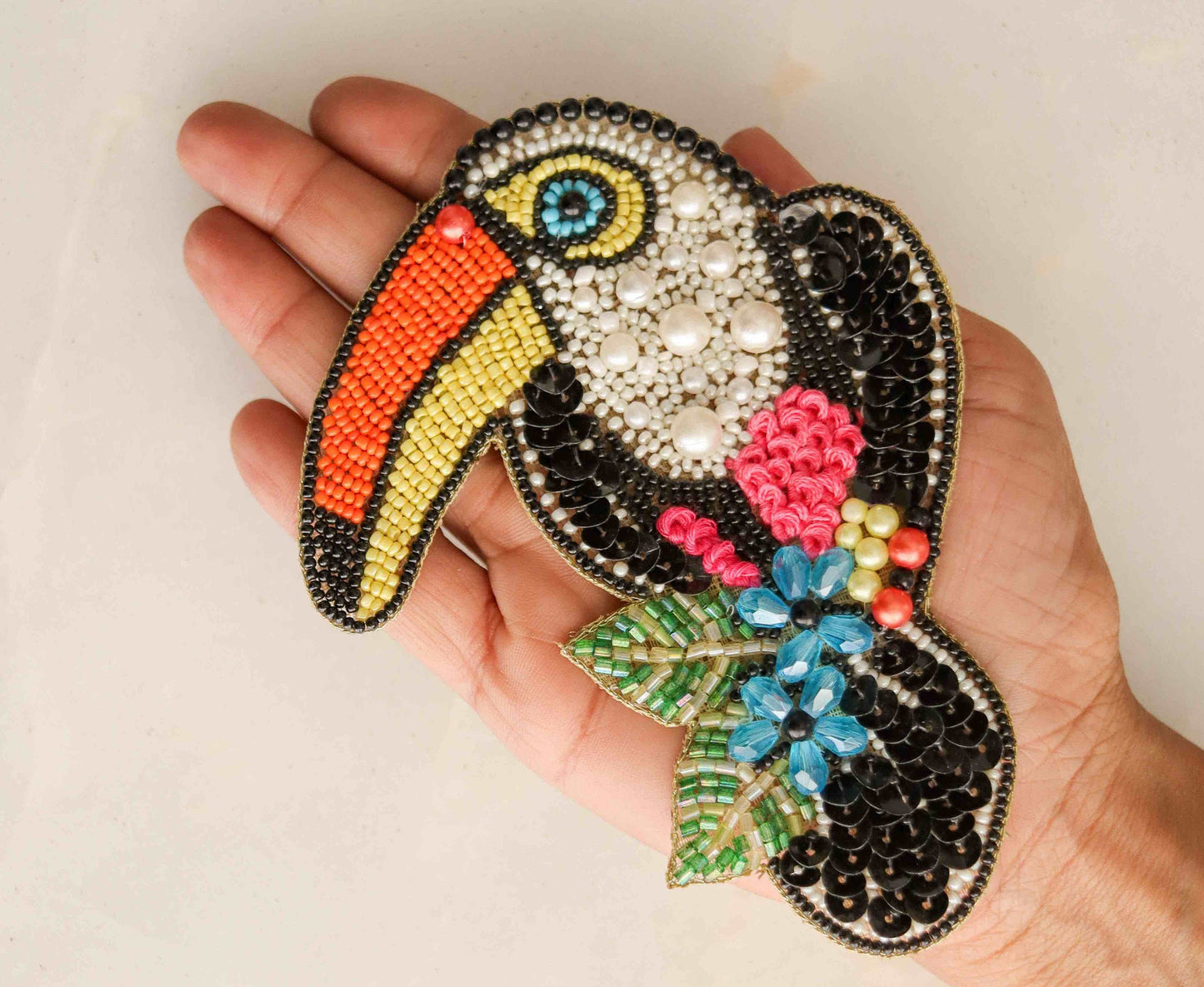Multicolour Toucan Bird beaded patch,Handmade Embroidered Bird applique, Rainbow bird patch,Costume Denim Patch,Sew on Applique,DIY Patch