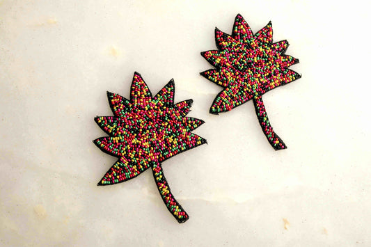 Black Maple Leaf Beaded Patch, Handmade embroidered maple leaf applique, Quirky Fun Leaf patch, Canada flag shape Applique, DIY Patch