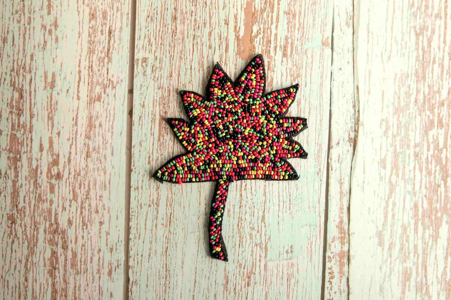 Black Maple Leaf Beaded Patch, Handmade embroidered maple leaf applique, Quirky Fun Leaf patch, Canada flag shape Applique, DIY Patch