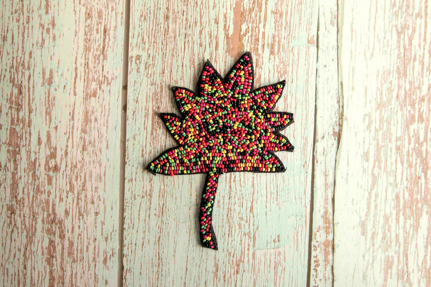 Black Maple Leaf Beaded Patch, Handmade embroidered maple leaf applique, Quirky Fun Leaf patch, Canada flag shape Applique, DIY Patch