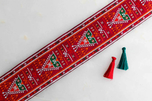 Red Geometric Floral Jacquard Trim, Red White Yellow Brocade Border, Indian Brocade Lace, Boho Red Trim, Red Saree Border, Price/mtr