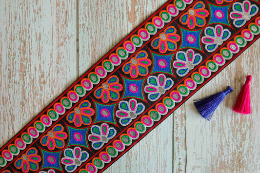 Black Multicolour Kutchi Trim,Indian Fabric Woven Border,Black Orange Blue Lace,Tribal Boho Hippie Saree Border,Price/mtr