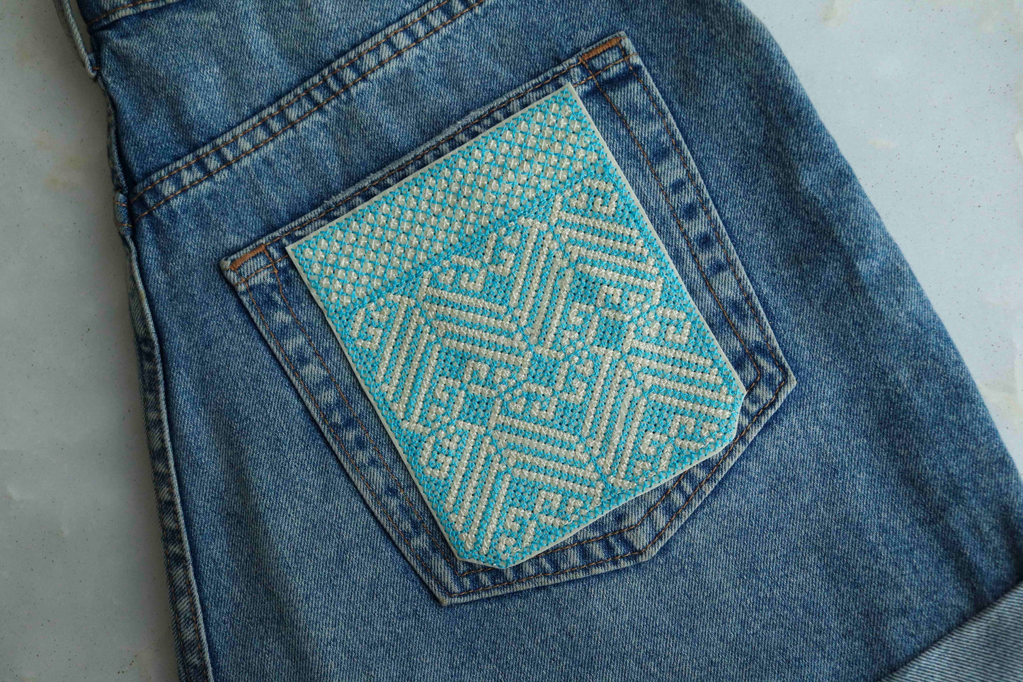 Boho Blue Yellow Pocket Patch,Handmade Indian Woven Pocket Applique, Blue Green Chevron Geometric Kitschy Patch,DIY Denim Jacket Patch