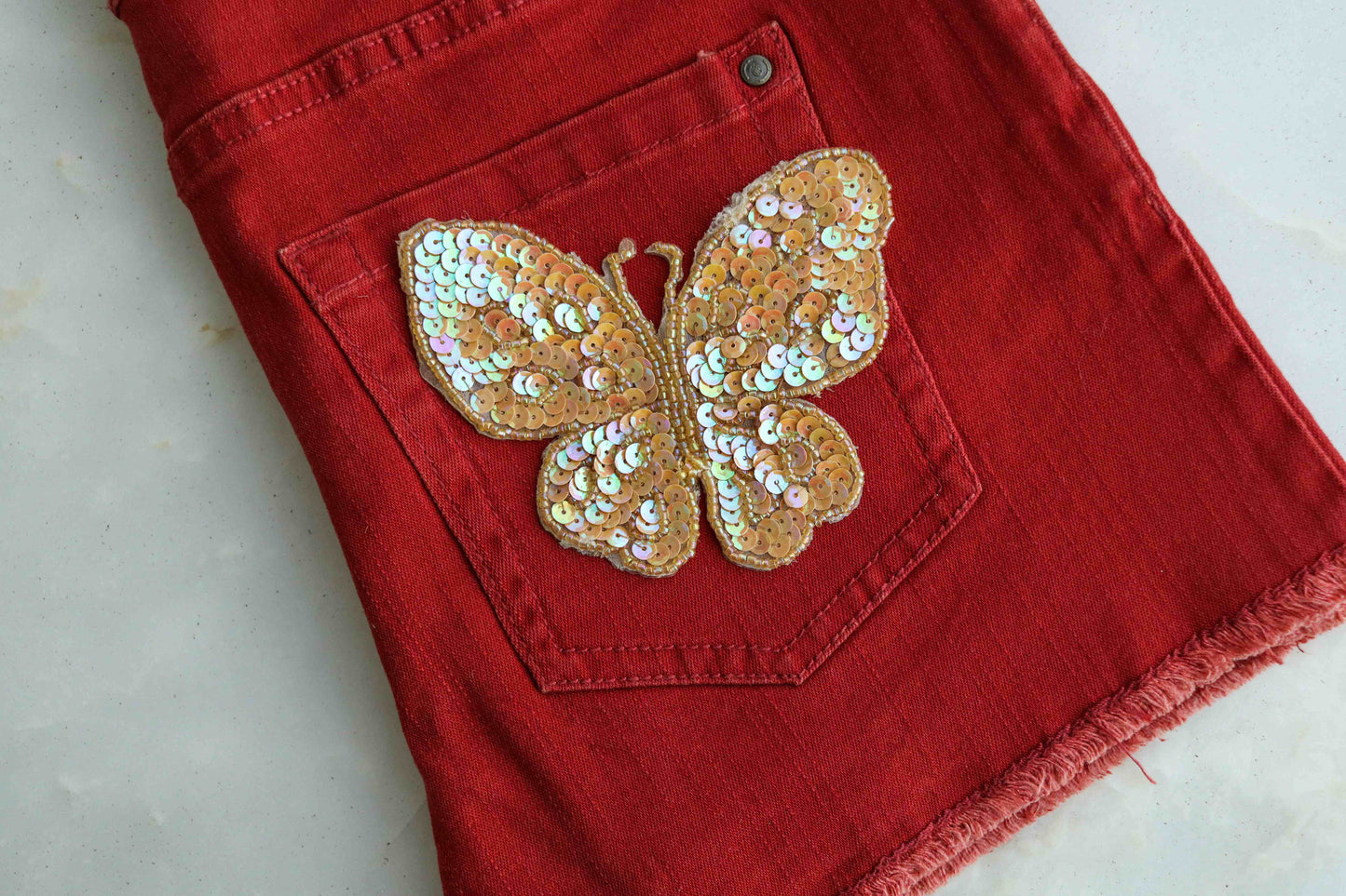 Orange Gold Sequin Butterfly Patch,Handmade Embroidered Clear Sequin Beaded Insect Applique, Boho Quirky Insect Patch,DIY Patch