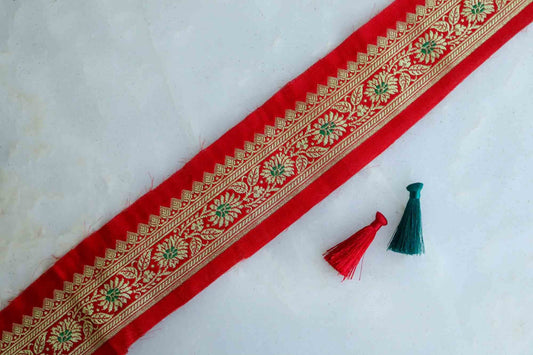 Red Gold Floral Brocade Trim,Indian Jacquard Border,Red Gold Banarasi Floral Lace,Vintage Style Trim,Banarasi Saree Border,Price/mtr