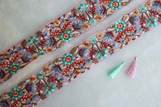 Pink Green Floral Net Trim,Embroidered Indian Fabric Border,Parsi Embroidery Lace,Pink Saree Border, インド刺繍リボン, Price/mtr,
