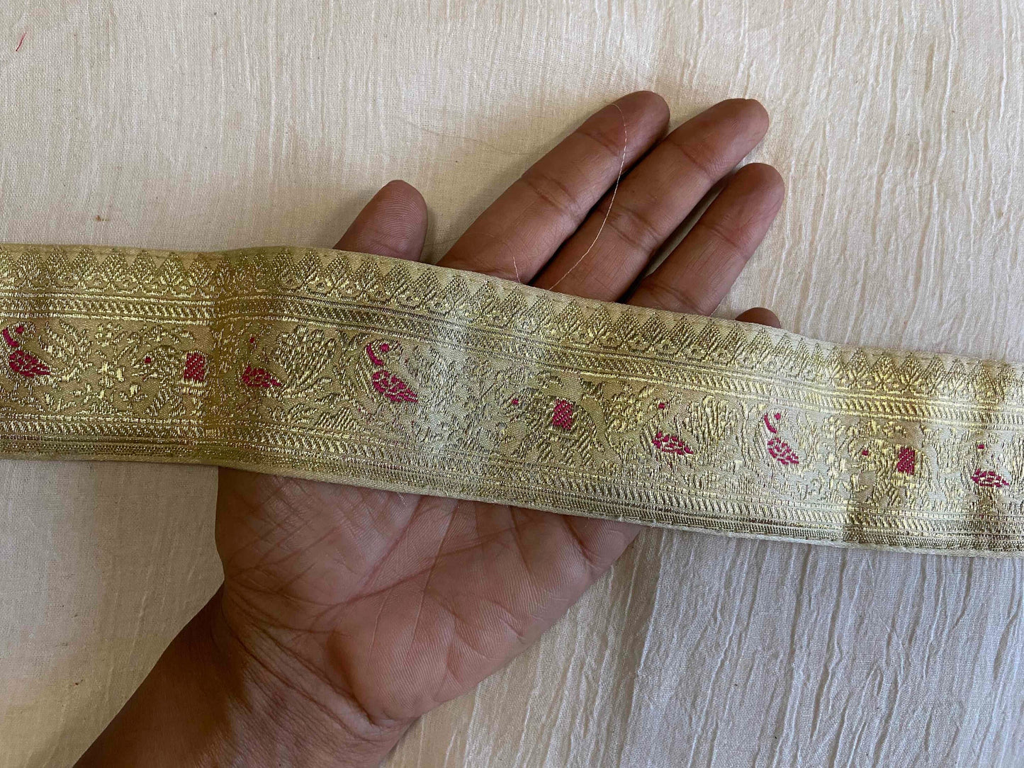 Cream Gold Peacock Banarasi Trim,Handmade White Bird Parrot Elephant Border,Indian Brocade Lace,Designer Bird Saree Border,Price/mtr