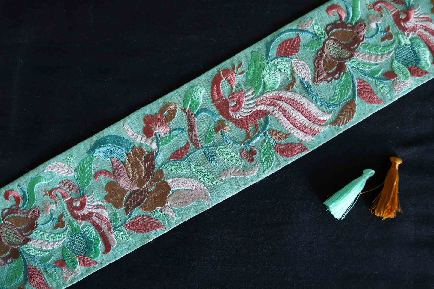 Green Pink Bird Embroidered Trim,Floral Mint Green Peacock Border,Pastel Green Lavender Floral Lace,Pink Floral Bird Saree Border,Price/mtr