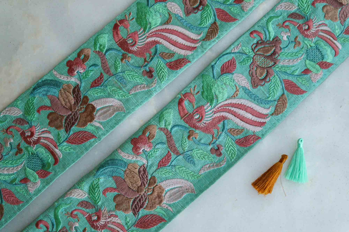 Green Pink Bird Embroidered Trim,Floral Mint Green Peacock Border,Pastel Green Lavender Floral Lace,Pink Floral Bird Saree Border,Price/mtr