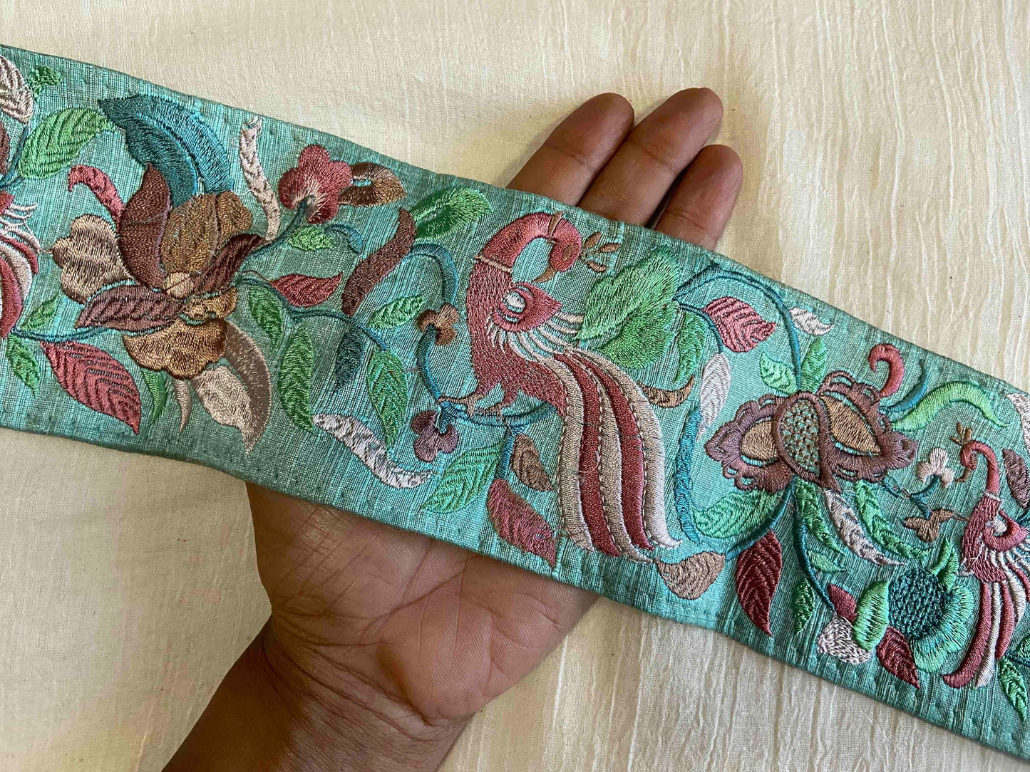 Green Pink Bird Embroidered Trim,Floral Mint Green Peacock Border,Pastel Green Lavender Floral Lace,Pink Floral Bird Saree Border,Price/mtr