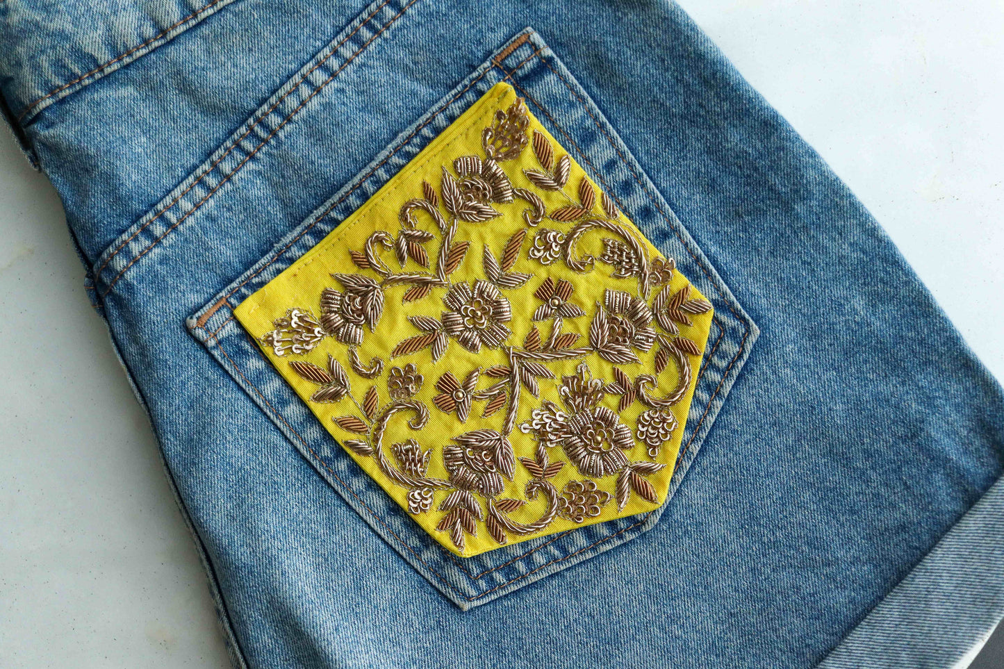 Yellow Gold Embroidered Pocket Patch,Handmade Indian Yellow Pocket Applique, Boho Kitschy Floral Patch,DIY Denim Jacket Patch