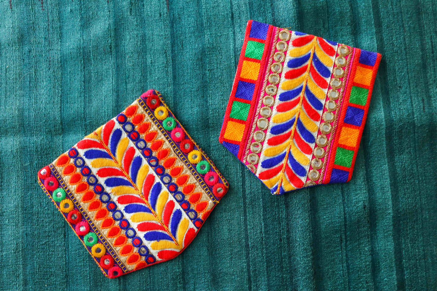 Boho Multicolour Embroidered Pocket Patch,Handmade Indian Kutchi Pocket Applique, Red Yellow Kitschy Patch,DIY Denim Jacket Patch
