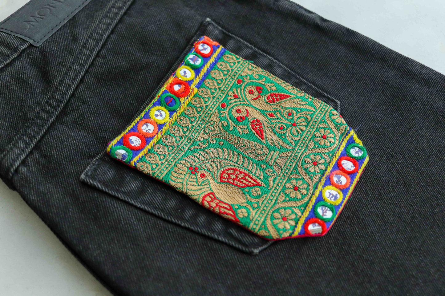 Boho Multicolour Embroidered Pocket Patch,Handmade Indian Kutchi Pocket Applique, Red Yellow Kitschy Patch,DIY Denim Jacket Patch