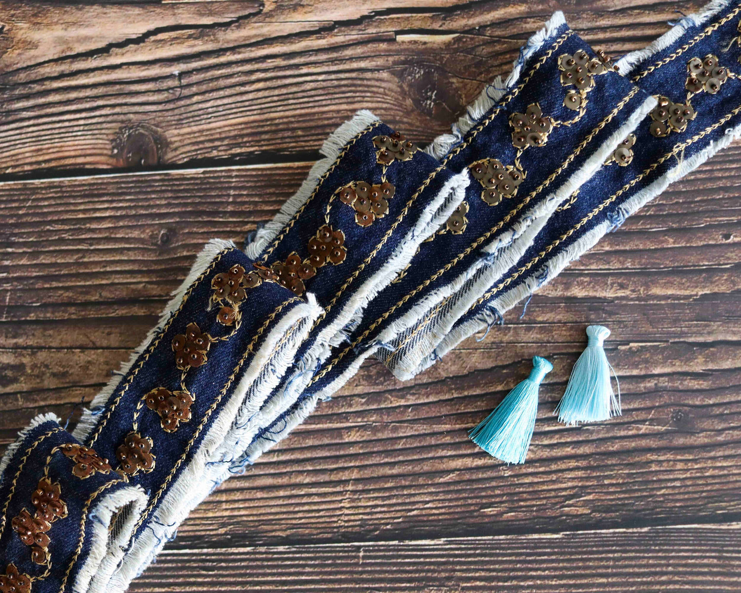 Blue Denim Floral Embroidered Trim,Indian Fabric Embroidered Border,Denim Floral Lace,Blue Denim Floral Border,Denim Saree Border,Price/mtr