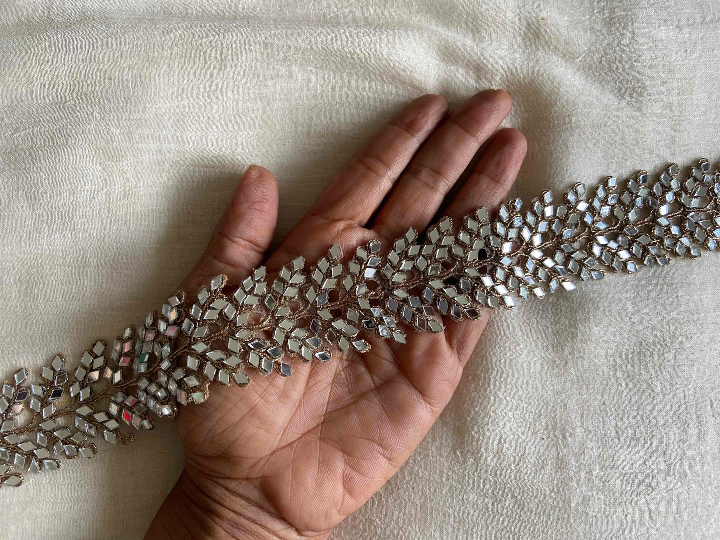 Cutwork Mirror Floral Embroidered Trim,Handmade Thin Gold Mirror Indian Border,Bridal Designer Lace,Mirror Saree Border,Price/mtr