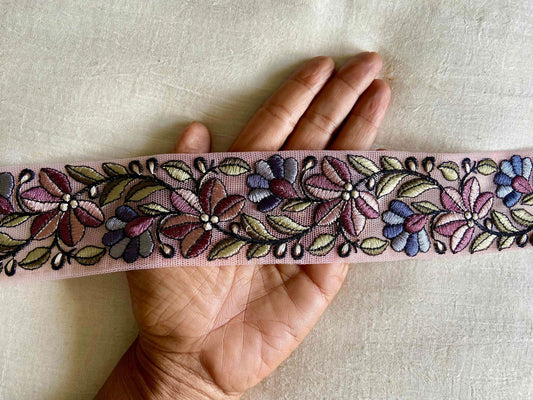 Pink Floral Net Embroidered Trim,Pink Blue Shaded Floral Border,Pastel Net Lace,Indian Fabric Trim,Saree Border, インド刺繍リボン, Price/mtr