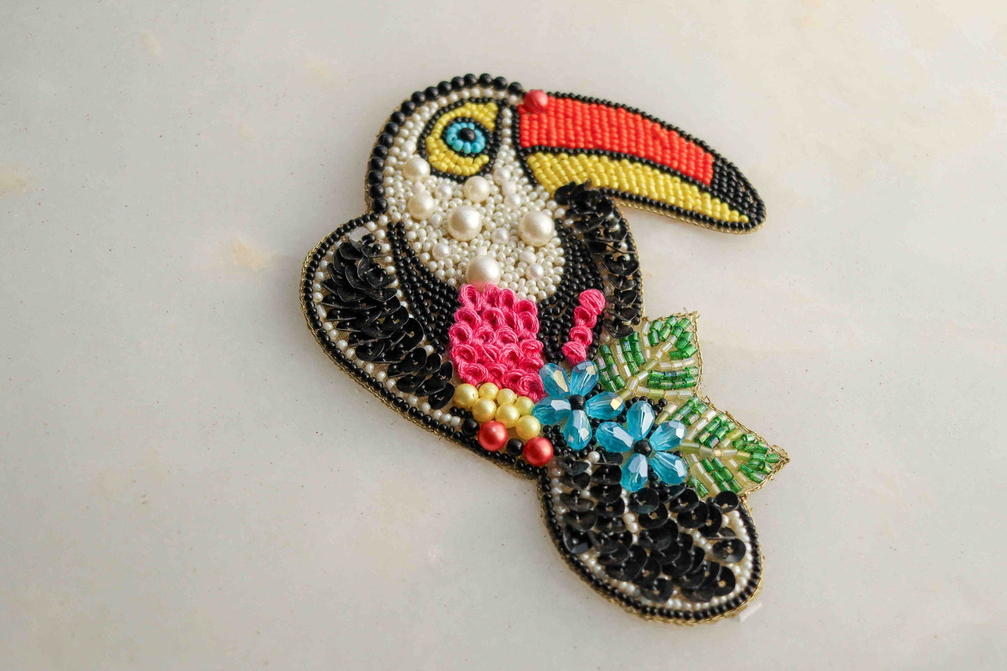 Multicolour Toucan Bird beaded patch,Handmade Embroidered Bird applique, Rainbow bird patch,Costume Denim Patch,Sew on Applique,DIY Patch