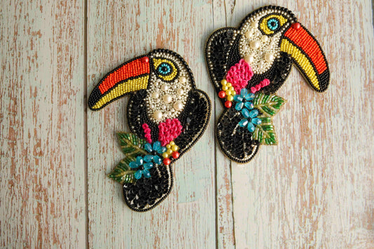 Multicolour Toucan Bird beaded patch,Handmade Embroidered Bird applique, Rainbow bird patch,Costume Denim Patch,Sew on Applique,DIY Patch