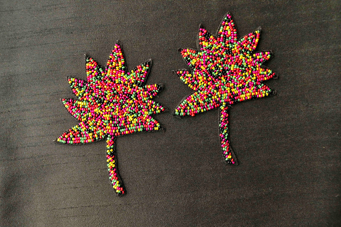 Black Maple Leaf Beaded Patch, Handmade embroidered maple leaf applique, Quirky Fun Leaf patch, Canada flag shape Applique, DIY Patch