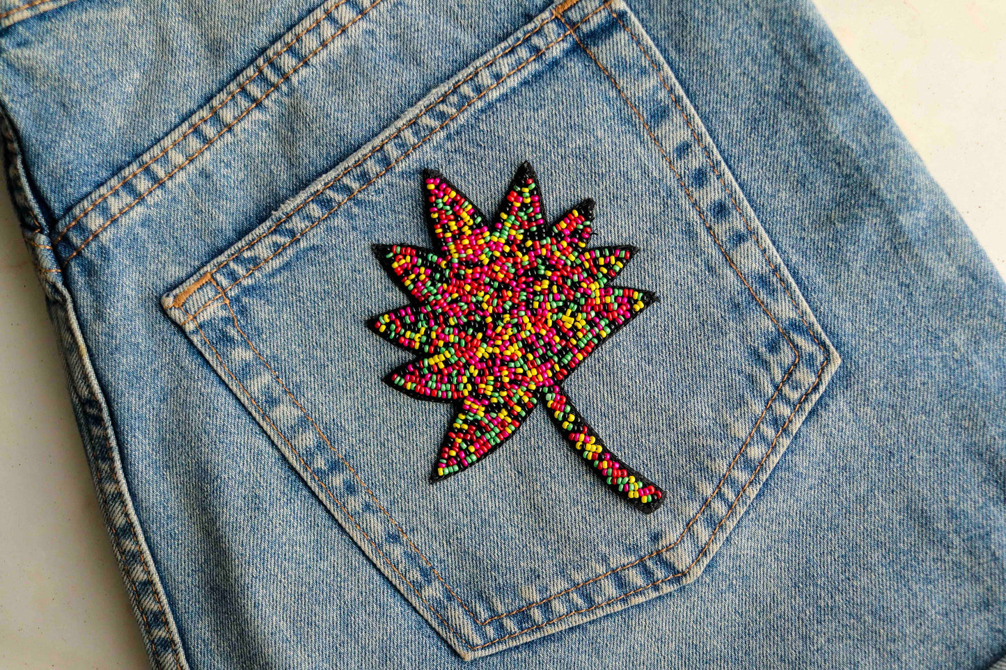 Black Maple Leaf Beaded Patch, Handmade embroidered maple leaf applique, Quirky Fun Leaf patch, Canada flag shape Applique, DIY Patch