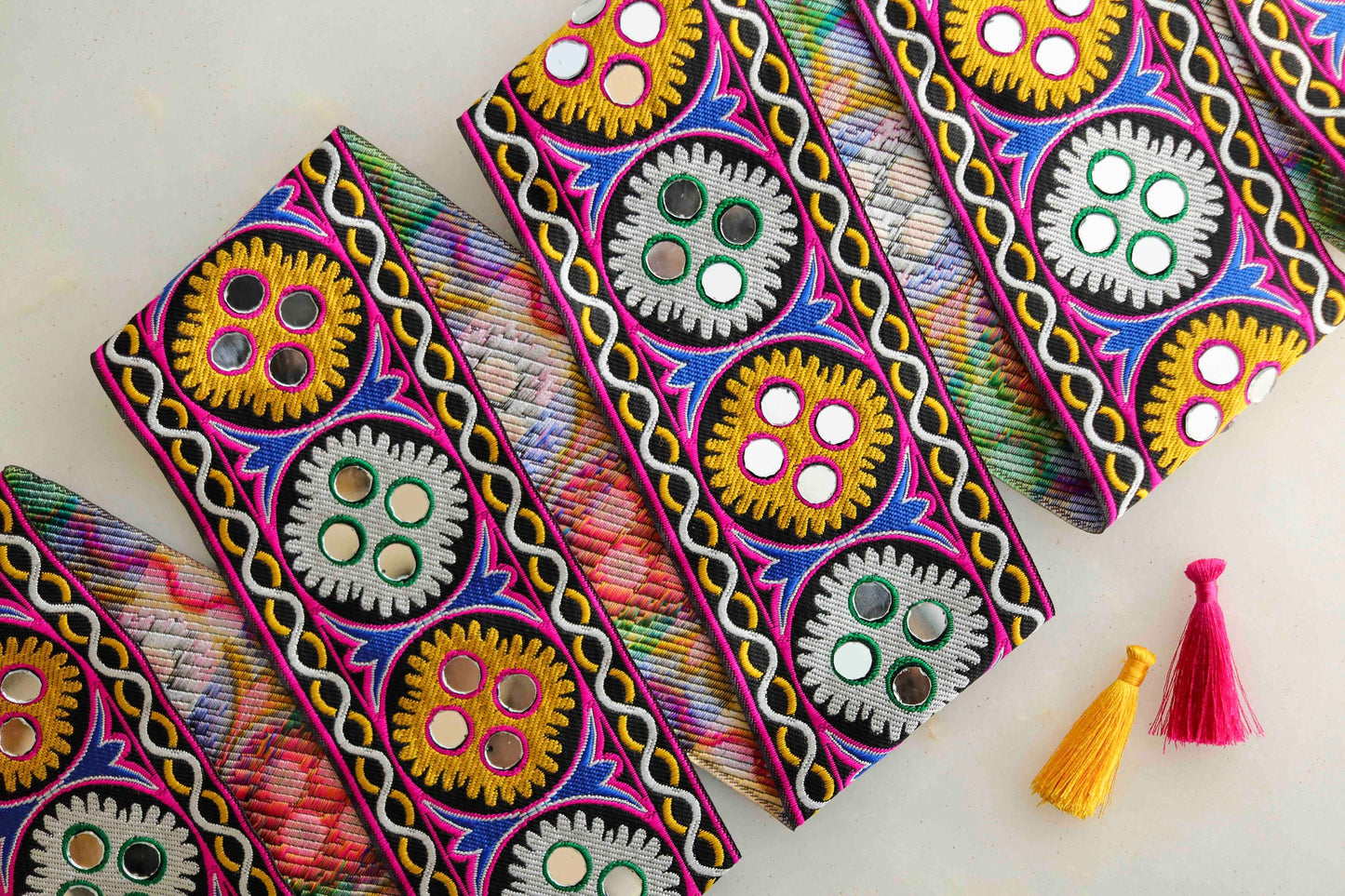 Black Mirror Multicolour Kutchi Trim,Indian Fabric Woven Border,Black Yellow White Mirror Lace,Tribal Boho Hippie Saree Border,Price/mtr