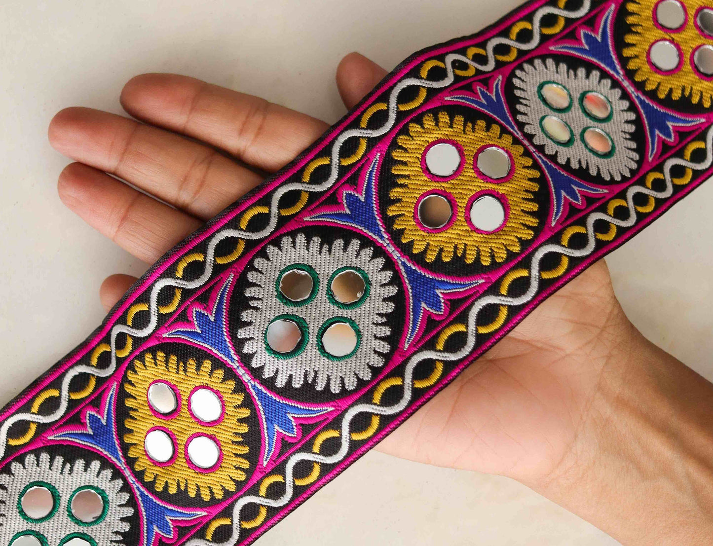 Black Mirror Multicolour Kutchi Trim,Indian Fabric Woven Border,Black Yellow White Mirror Lace,Tribal Boho Hippie Saree Border,Price/mtr