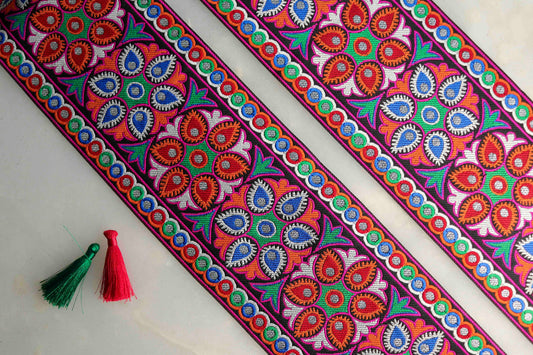 Black Multicolour Kutchi Trim,Indian Fabric Woven Border,Black Orange Blue Lace,Tribal Boho Hippie Saree Border,Price/mtr