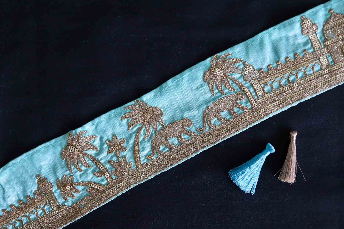 Green Gold Tiger Palace Trim,Mint Green Gold Embroidered Palace Border,Boho Animal Lace,Royal Indian Designer Trim,Price/mtr