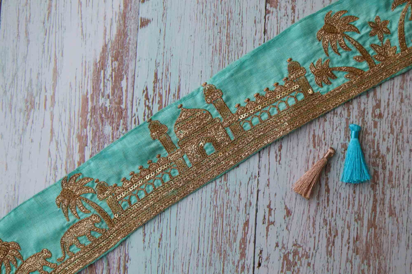 Green Gold Tiger Palace Trim,Mint Green Gold Embroidered Palace Border,Boho Animal Lace,Royal Indian Designer Trim,Price/mtr