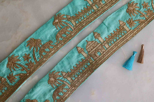 Green Gold Tiger Palace Trim,Mint Green Gold Embroidered Palace Border,Boho Animal Lace,Royal Indian Designer Trim,Price/mtr
