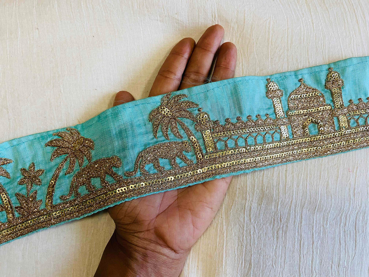 Green Gold Tiger Palace Trim,Mint Green Gold Embroidered Palace Border,Boho Animal Lace,Royal Indian Designer Trim,Price/mtr