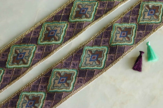 Boho Digital Print Floral Trim,Printed Patchwork Border,Lavender Purple Green Floral Border,Indian Khichdi Floral Saree Border,Price/mtr