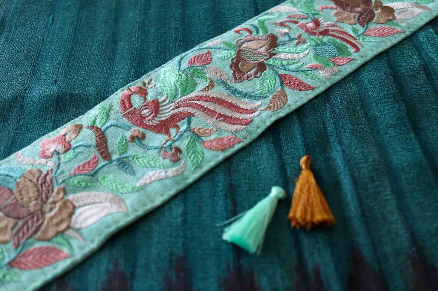 Green Pink Bird Embroidered Trim,Floral Mint Green Peacock Border,Pastel Green Lavender Floral Lace,Pink Floral Bird Saree Border,Price/mtr