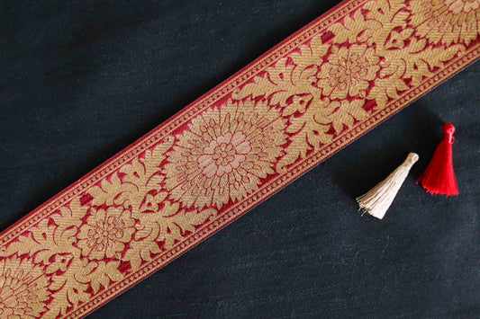 Red Gold Floral Banarasi Trim,Handmade Red Banarasi Weave Border,Indian Brocade Lace,Designer Floral Saree Border,Price/mtr