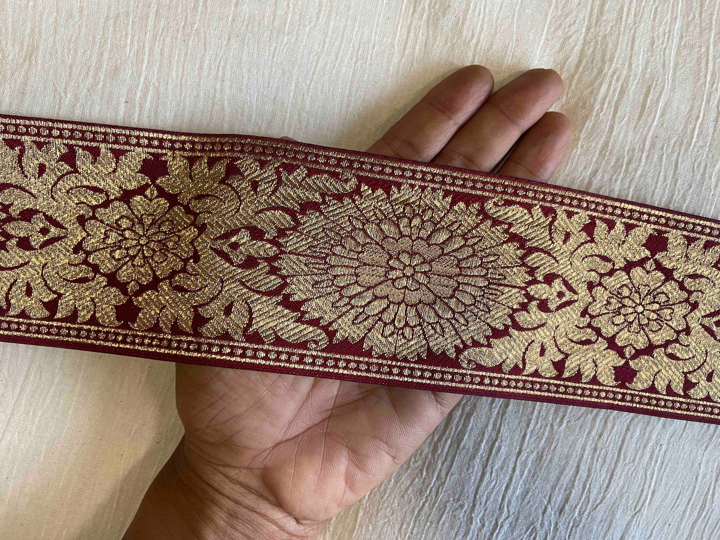 Red Gold Floral Banarasi Trim,Handmade Red Banarasi Weave Border,Indian Brocade Lace,Designer Floral Saree Border,Price/mtr