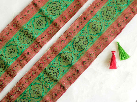 Red Green Floral Brocade Trim,Indian Jacquard Border,Red Gold Banarasi Floral Lace,Vintage Style Trim,Banarasi Saree Border,Price/mtr