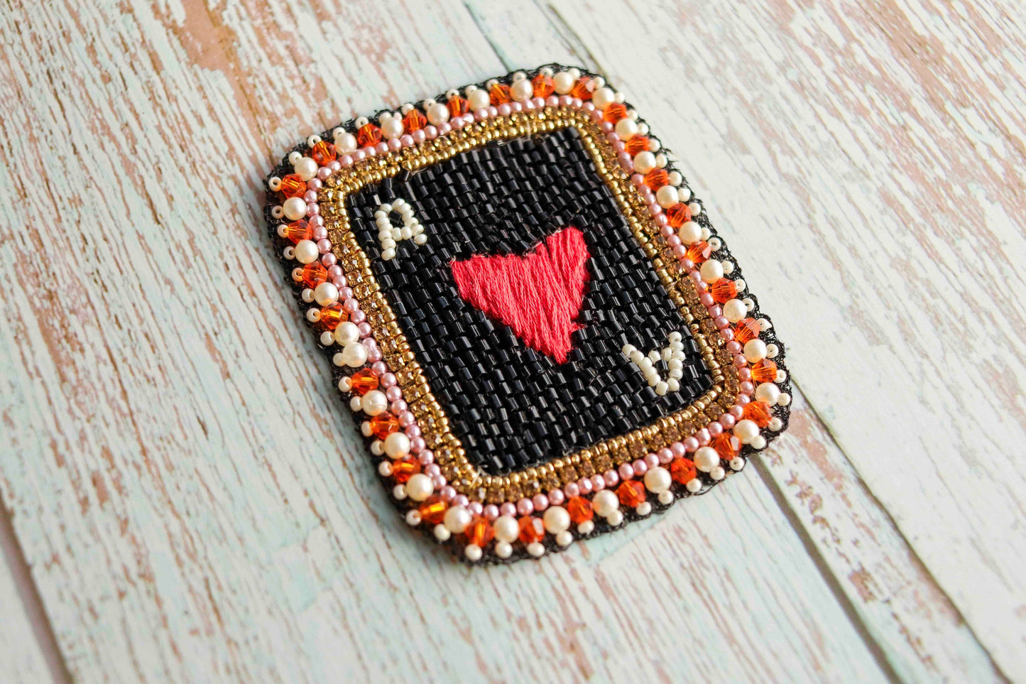 Black White Heart Cards Patch,Handmade Beaded Playing Cards Applique, Boho Red Heart Quirky Paan Patch,Playing Card Sign Patch