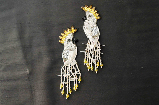 White Sequin Beaded Bird Patch, Handmade Embroidered Hoopoe applique, White exotic bird patch, Costume Denim Patch, DIY Sew on Applique