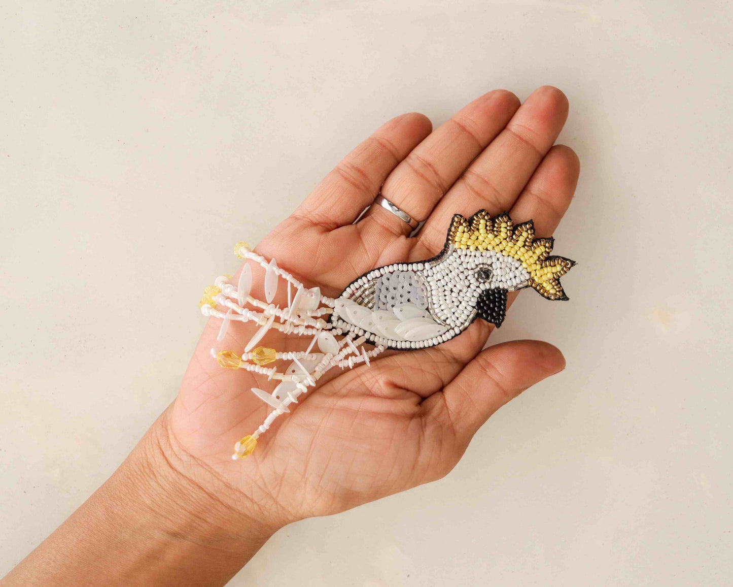 White Sequin Beaded Bird Patch, Handmade Embroidered Hoopoe applique, White exotic bird patch, Costume Denim Patch, DIY Sew on Applique