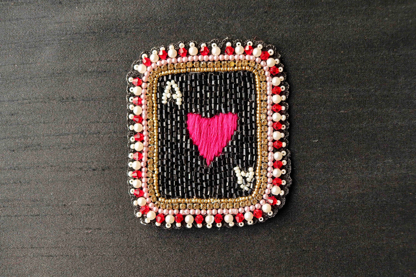 Black White Heart Cards Patch,Handmade Beaded Playing Cards Applique, Boho Red Heart Quirky Paan Patch,Playing Card Sign Patch