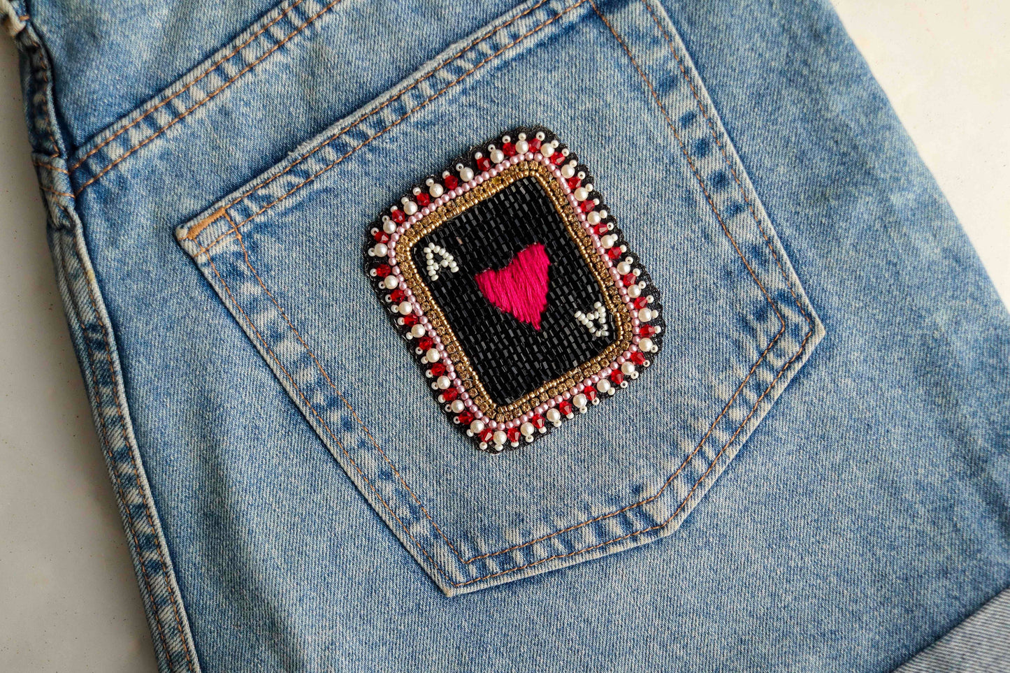 Black White Heart Cards Patch,Handmade Beaded Playing Cards Applique, Boho Red Heart Quirky Paan Patch,Playing Card Sign Patch