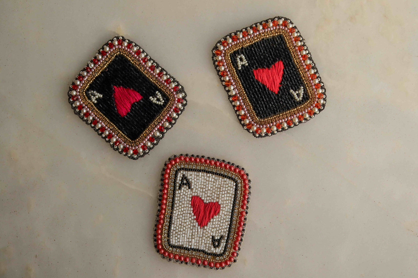 Black White Heart Cards Patch,Handmade Beaded Playing Cards Applique, Boho Red Heart Quirky Paan Patch,Playing Card Sign Patch