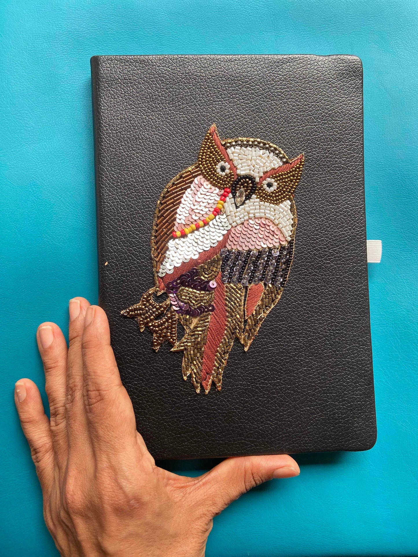 Quirky Black Owl Travel Journal,Handmade Bird Embroidered PU Vegan Leather Diary,Lined Notebook, Christmas Gift, Undated Planner