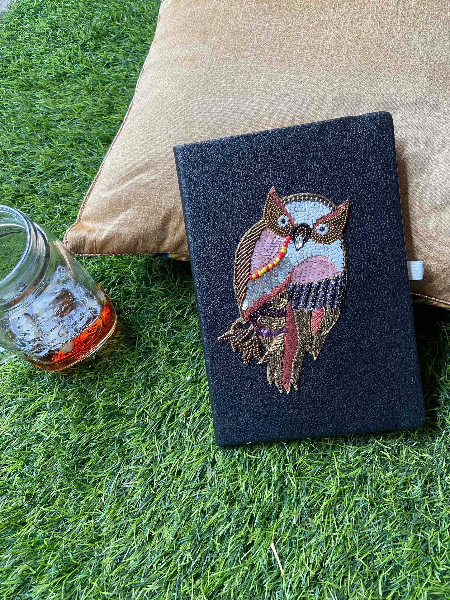 Quirky Black Owl Travel Journal,Handmade Bird Embroidered PU Vegan Leather Diary,Lined Notebook, Christmas Gift, Undated Planner