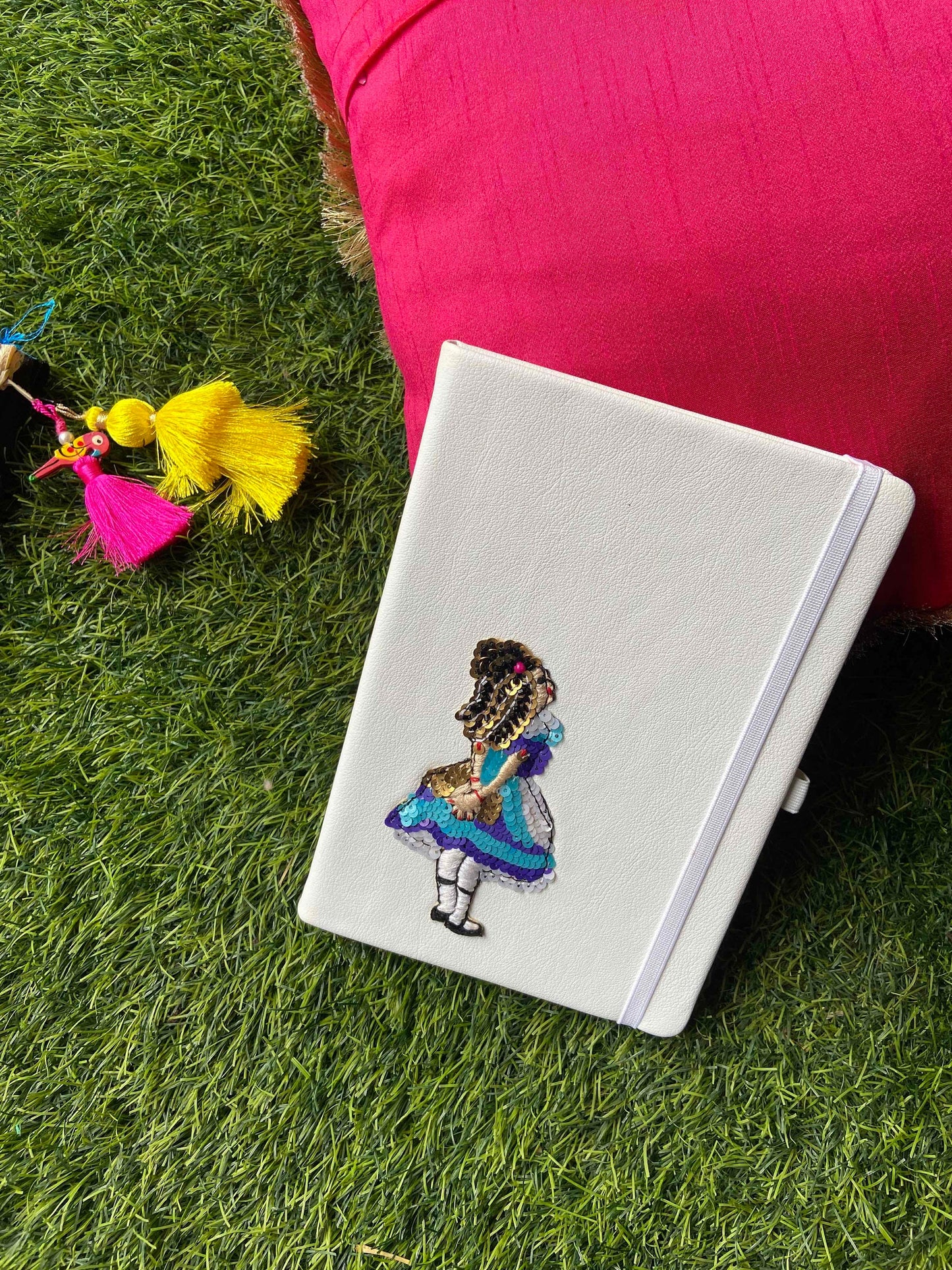 Quirky White Handmade Travel Journal,Small Girl Embroidered PU Vegan Leather Diary,Lined Notebook,Valentine Gift For Her,Undated Planner